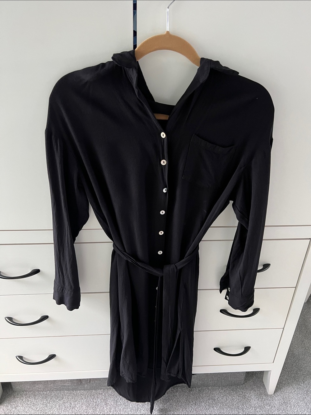 Black Button-Down Swim Cover-up Shirt Dress with removable Tie Belt